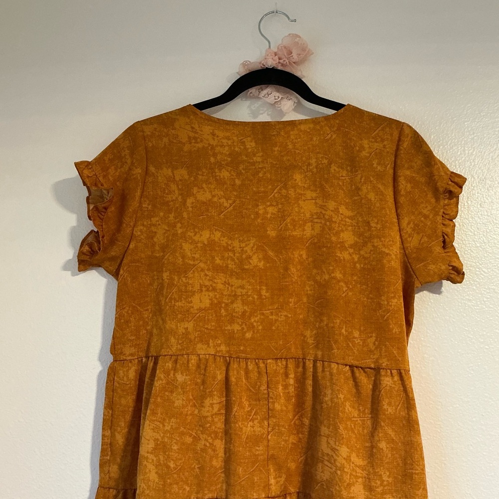 Deep Mustard Yellow V-neck Mini Dress with Ruffle Sleeves and Hem - Picture 8 of 10